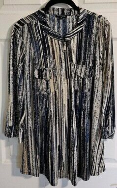 Pullover Top Plus 1X Stretchy Tunic 3/4 in sleeve 1/4 zip Blouse Blue Multi Colo